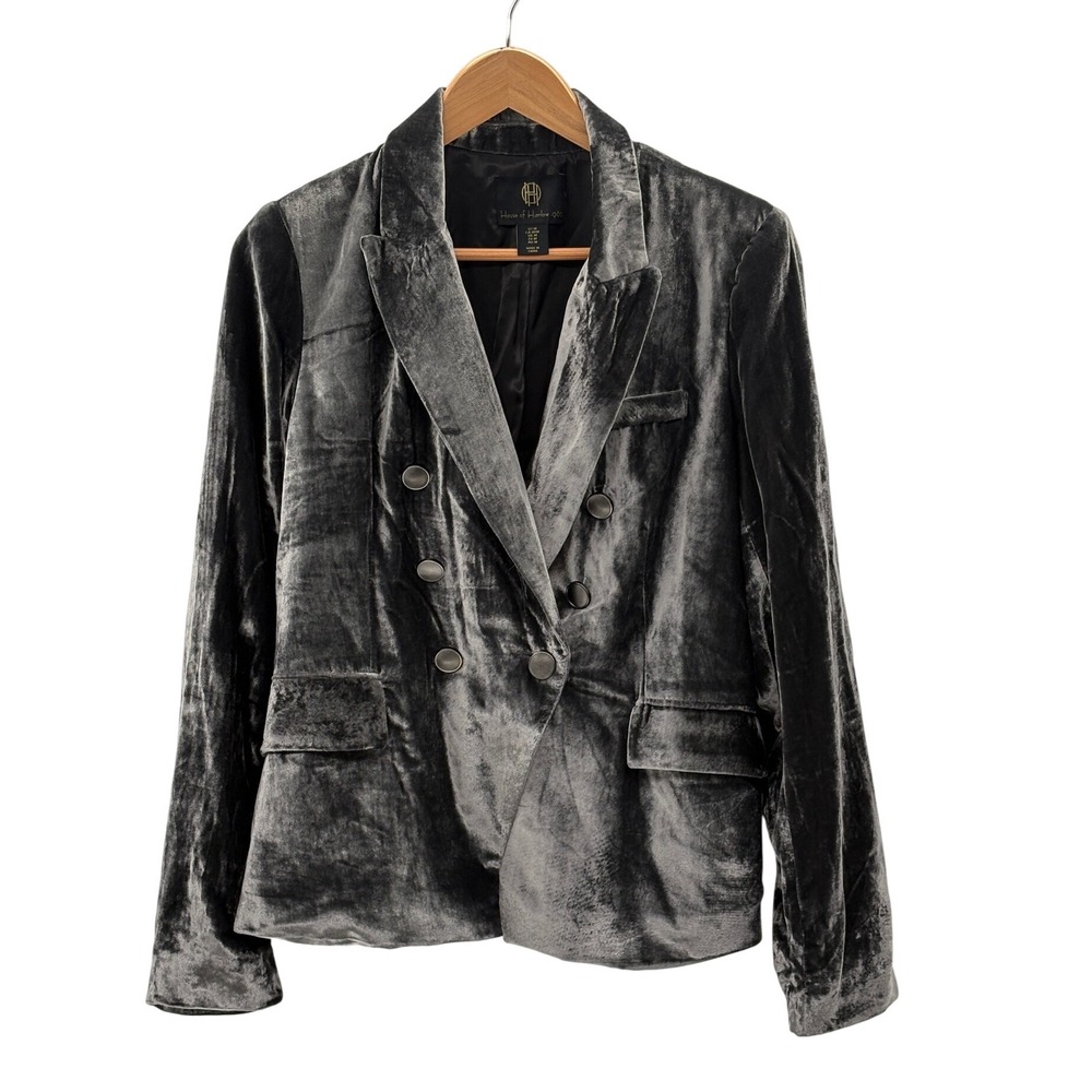 House of Harlow Blazer Double Breasted Velvet Women Medium Slate Gray Party